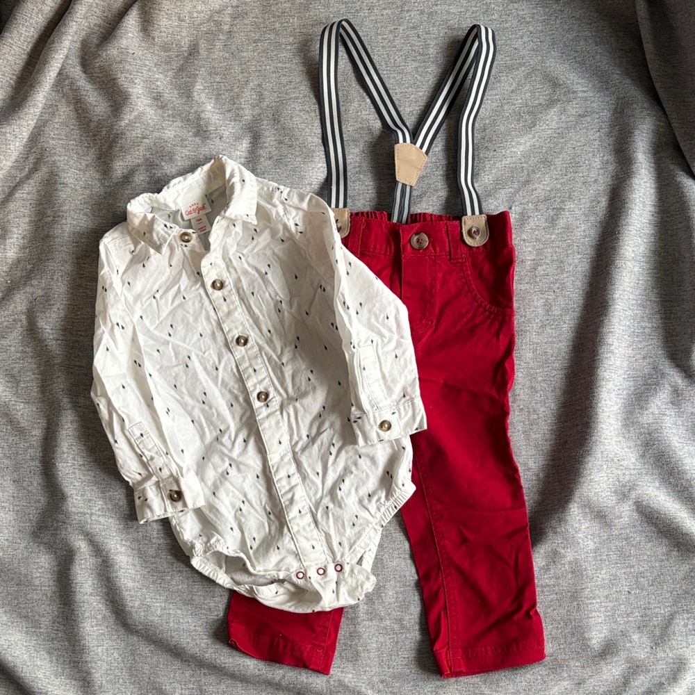 Cat & Jack Christmas Collared Onesie and Suspender Pants Set - 18 months